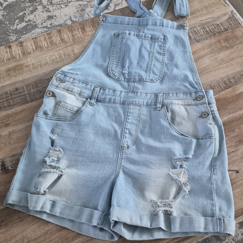 Light Blue Denim Overalls Shorts Size M/ L Destressed Y2k - Picture 8 of 11